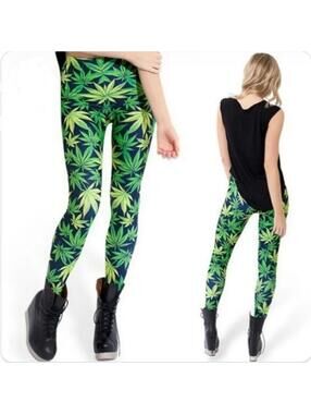 Green Weed Leaf Printed Women Leggings Size xs
